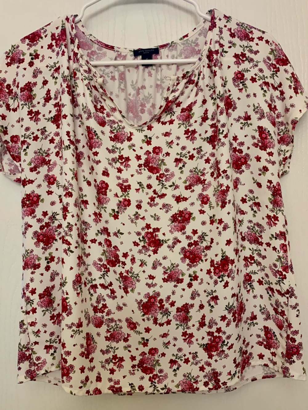 Ann Taylor White Blouse with Red & Pink Floral Print